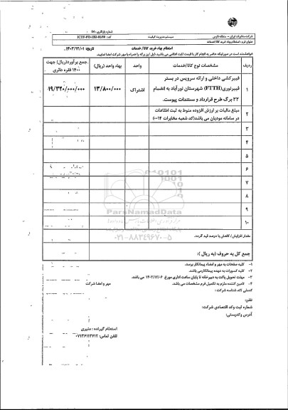 استعلام فیبرکشی داخلی و ارائه سرویس در بستر فیبر نوری FTTH شهرستان نورآباد 