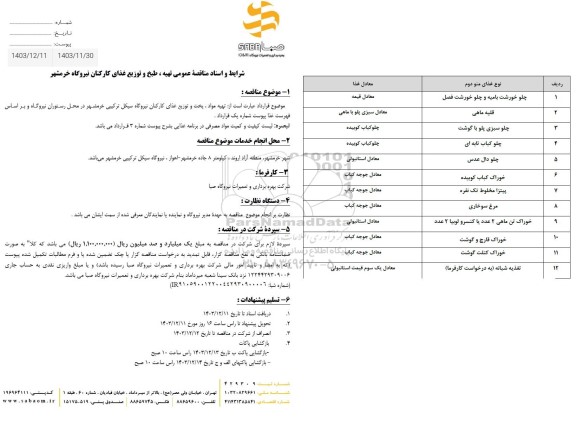 مناقصه تهیه ، طبخ و توزیع غذای کارکنان 