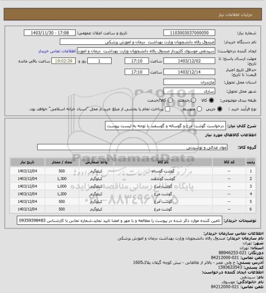 استعلام درخواست گوشت مرغ و گوساله و گوسفند با توجه به لیست پیوست