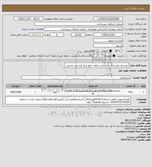 استعلام بهسازی ونوسازی ساختمانی طبقه سوم مرکز فرشچی مشهد.