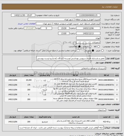استعلام تعمیر و بازسازی فضای سرویس بهداشتی مدرسه (آزادگان )به شرح لیست پیوستی