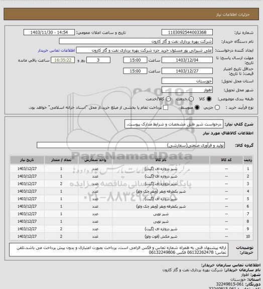 استعلام درخواست شیر طبق مشخصات و شرایط مدارک پیوست.
