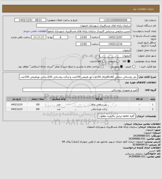 استعلام پنل روشنائی سقفی 60د60روکار 100وات نور طبیعی 150عدد و براکت روشنائی 100سانتی نورطیبعی 100عدد