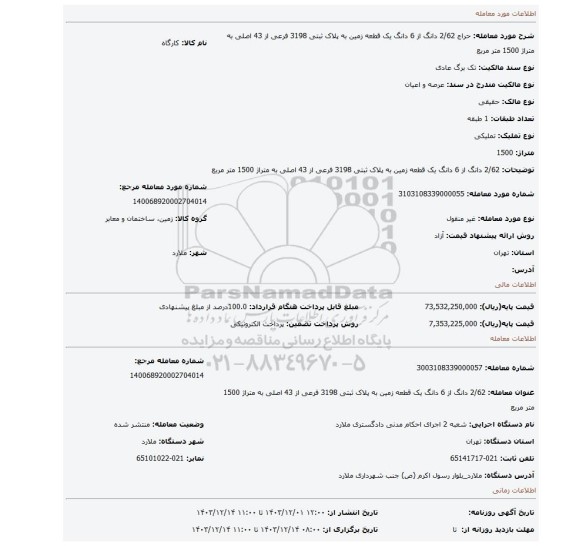 مزایده، 2/62 دانگ از 6 دانگ یک قطعه زمین به پلاک ثبتی 3198 فرعی از 43 اصلی به متراژ 1500 متر مربع