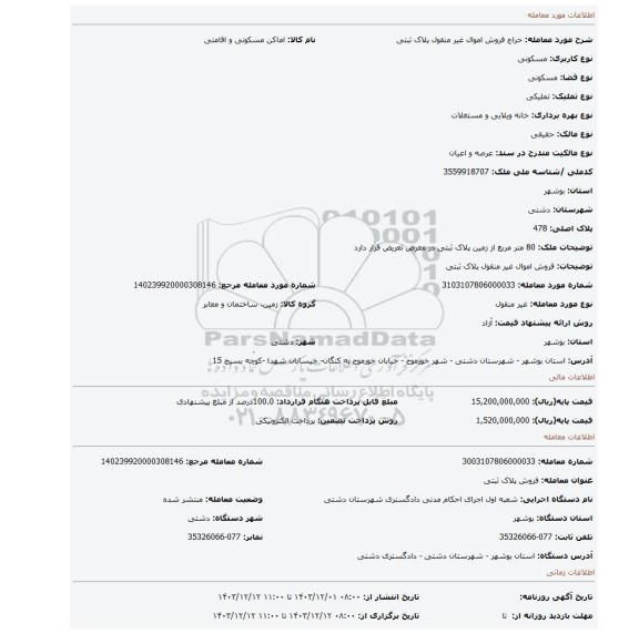 مزایده، فروش اموال غیر منقول پلاک ثبتی