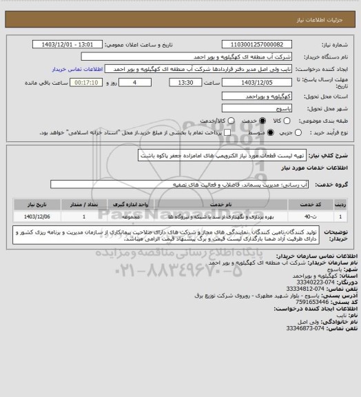 استعلام تهیه لیست قطعات مورد نیاز الکتروپمپ های امامزاده جعفر پاکوه باشت