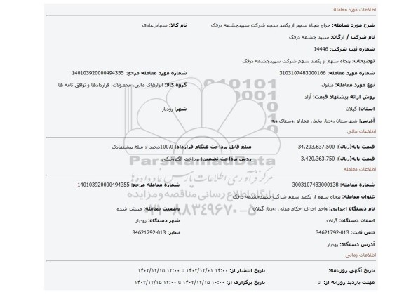 مزایده، پنجاه سهم از یکصد سهم شرکت سپیدچشمه درفک