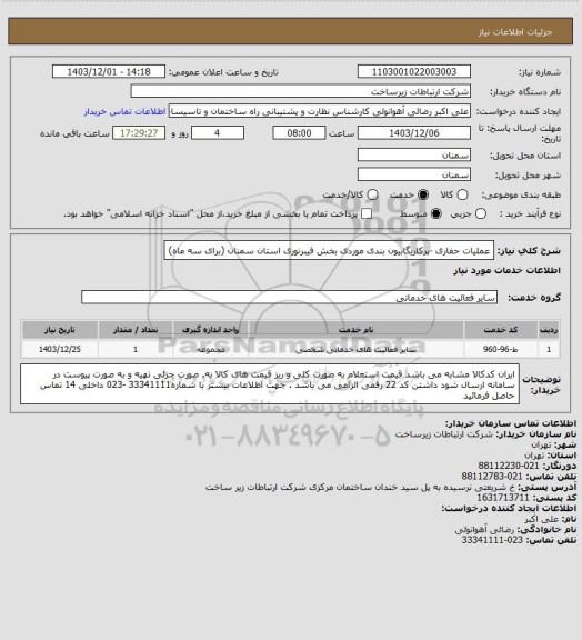 استعلام عملیات حفاری -پرکاریگابیون بندی موردی بخش فیبرنوری استان سمنان (برای سه ماه)