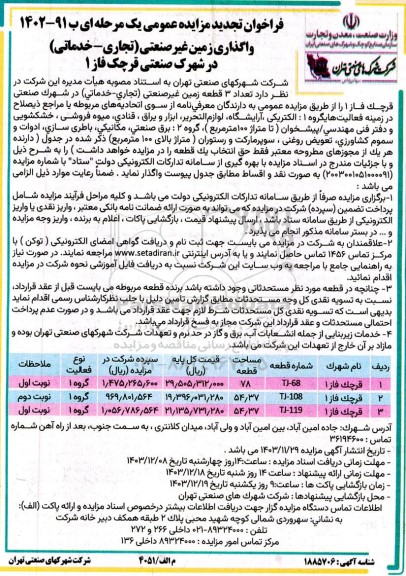 مزایده واگذاری زمین غیر صنعتی (تجاری - خدماتی) تجدید