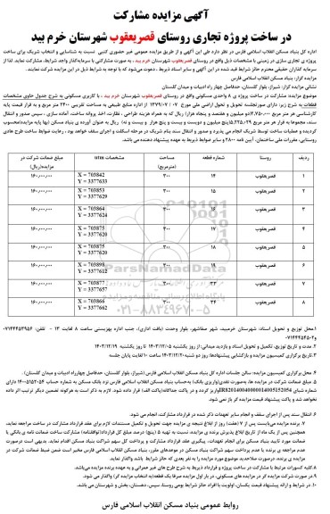 مناقصه مزایده مشارکت در ساخت پروژه تجاری روستا
