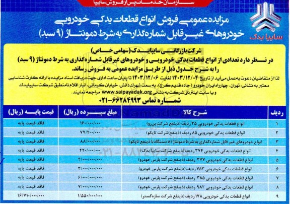 مزایده فروش قطعات یدکی خودرویی خودروهای غیر قابل شماره گذاری