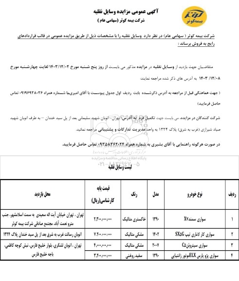 مزایده فروش وسایل نقلیه