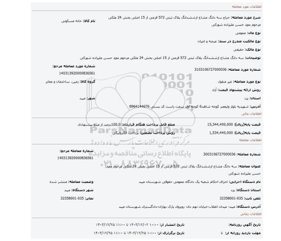 مزایده، سه دانگ مشاع ازششدانگ پلاک ثبتی 572 فرعی از 15 اصلی بخش 24 ملکی مرحوم محمد حسن علیزاده شورکی