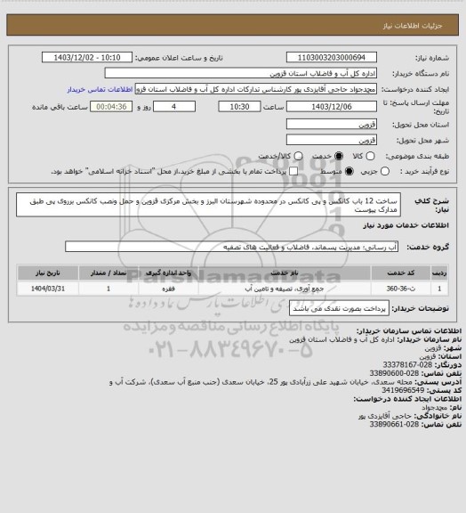 استعلام ساخت 12 باب کانکس و پی کانکس در محدوده شهرستان البرز و بخش مرکزی قزوین و حمل ونصب کانکس برروی پی طبق مدارک پیوست