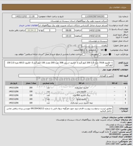 استعلام 1- الکترود 7018 نمره 2.5  200 کیلو گرم  2-  الکترود استیل 308 نمره 205 مقدار  150 کیلو گرم 3- الکترود 6013 نمره 2.5 150 کیلو گرم