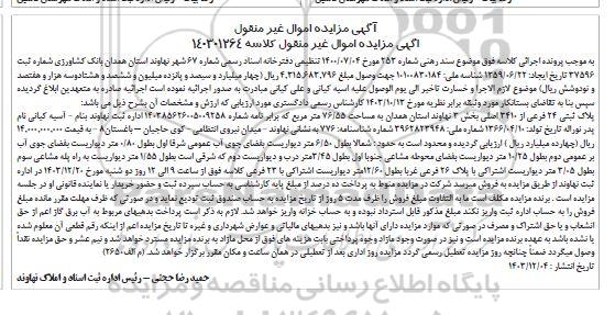 مزایده فروش ملک به مساحت 76.55 مترمربع