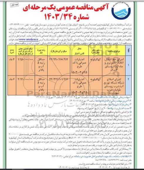مناقصه اجرای خط انتقال اتاقک ...