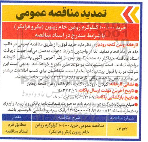 تمدید مناقصه خرید 100.000 کیلوگرم روغن خام زیتون