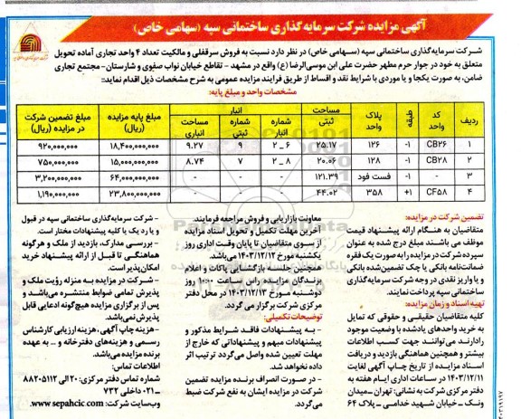 مزایده فروش سرقفلی و مالکیت تعداد 4 واحد تجاری آماده تحویل