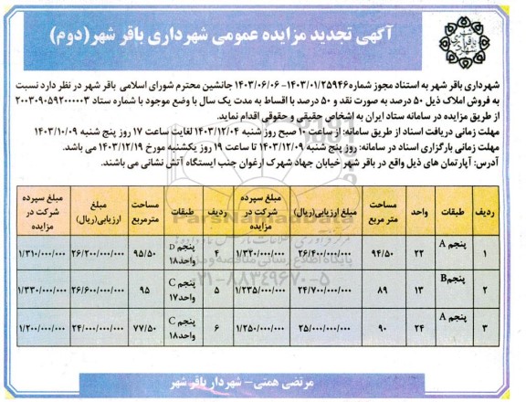 مزایده فروش املاک تجدید دوم 