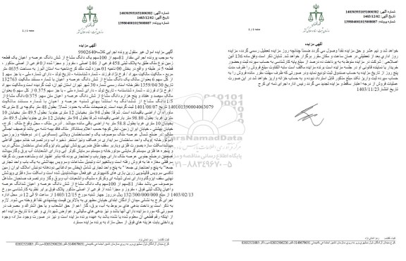مزایده مقدار 81 سهم از 100 سهم یک دانگ مشاع از شش دانگ عرصه و اعیان یک قطعه زمین 