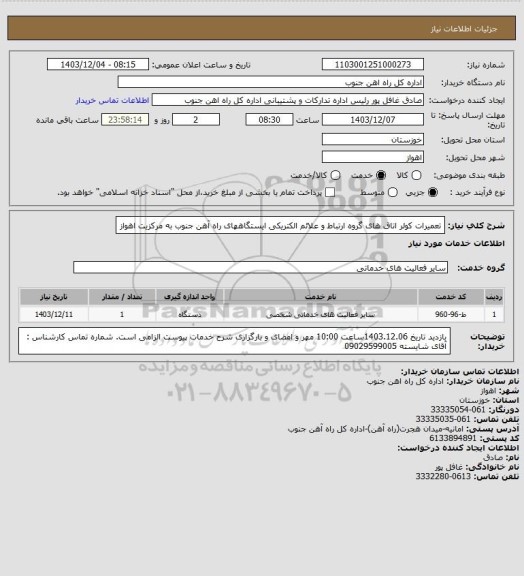 استعلام تعمیرات کولر اتاق های گروه ارتباط و علائم الکتریکی ایستگاههای راه آهن جنوب به مرکزیت اهواز