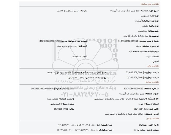 مزایده، چهار دانگ از یک باب آپارتمان