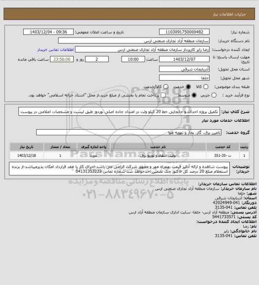 استعلام تکمیل پروژه احداث و جابجایی خط 20 کیلو ولت در امتداد جاده اصلی نوردوز طبق لیست و مشخصات اعلامی در پیوست
