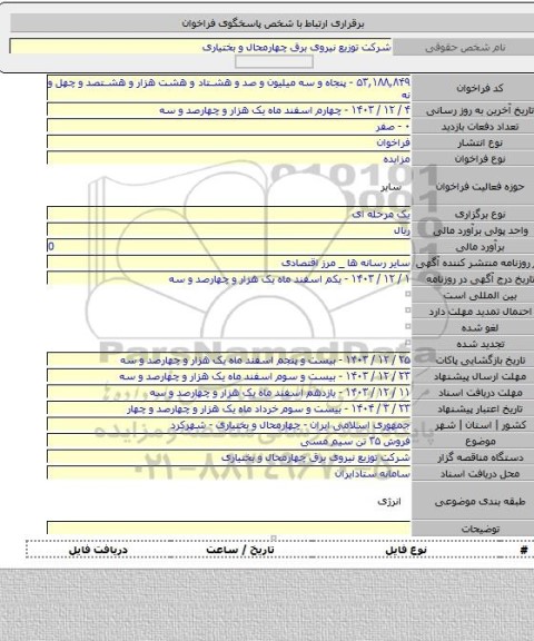 مزایده, فروش ۳۵ تن سیم مسی