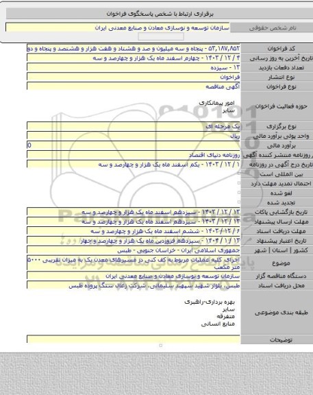 مناقصه, اجرای کلیه عملیات مربوط به کف کنی در مسیرهای معدن یک به میزان تقریبی ۵۰۰۰ متر مکعب