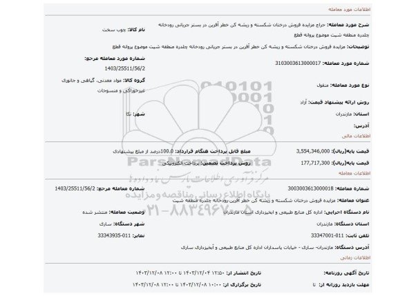 مزایده، مزایده فروش درختان شکسته و ریشه کن خطر آفرین در بستر جریانی رودخانه چلدره منطقه شیت موضوع پروانه قطع
