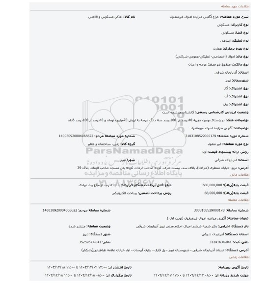 مزایده، آگهـی مـزایده امـوال غیرمنقـول