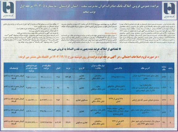 مزایده فروش املاک مرحله اول نوبت پنجم