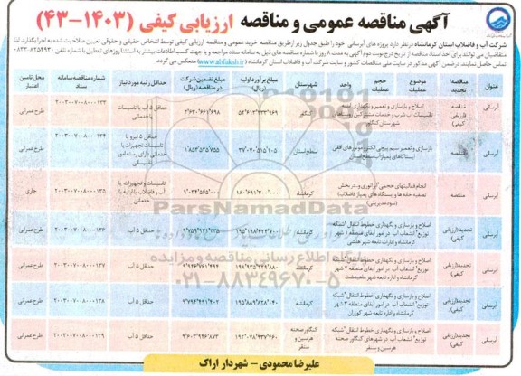 مناقصه عمومی و ارزیابی کیفی پروژِه های آبرسانی...