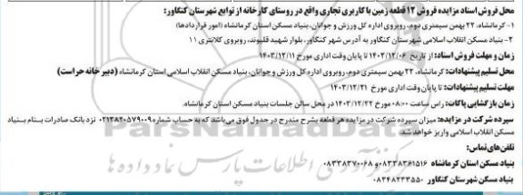 مزایده فروش 12 قطعه زمین با کاربری تجاری
