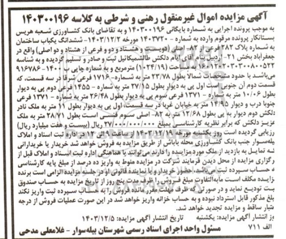 مزایده ششدانگ یک باب ساختمان به شماره پلاک 282 فرعی از 82 اصلی