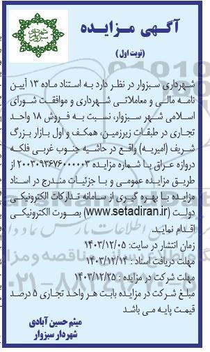 مزایده فروش 18 واحد تجاری