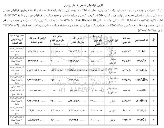 فراخوان عمومی فروش زمین