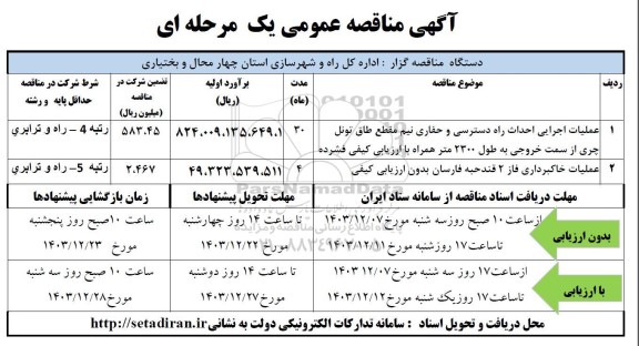 مناقصه عملیات اجرایی احداث راه دسترسی و حفاری نیم مقطع طاق تونل....