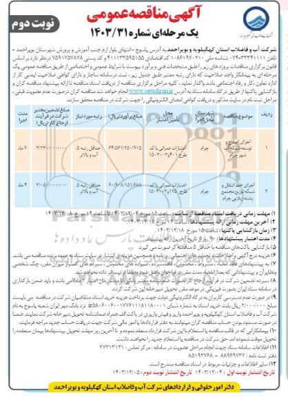 مناقصه اجرای اصلاح و توسعه شبکه آب ...- نوبت دوم