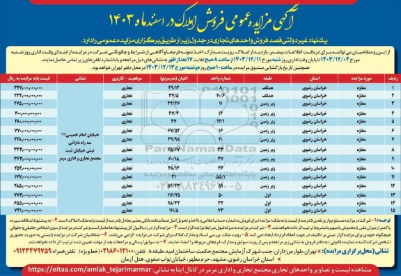  مزایده عمومی فروش املاک در اسفندماه 1403