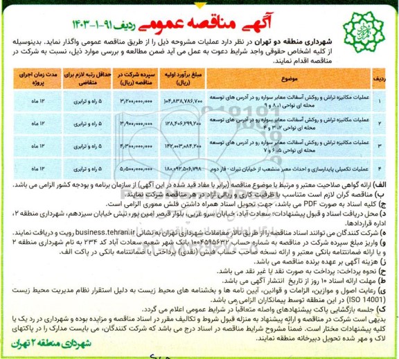مناقصه عملیات مکانیزه تراش و روکش آسفالت معابر سواره رو ...
