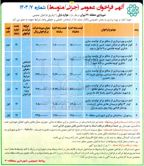 فراخوان عمومی (جزئی/ متوسط) اجاره و بهره برداری از منافع مرکز توانمندسازی کوثر 5 ...