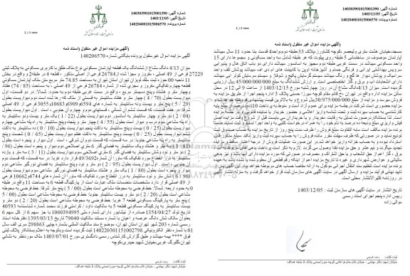 مزایده فروش یک قطعه آپارتمان مسکونی به پلاک ثبتی 27229 فرعی 
