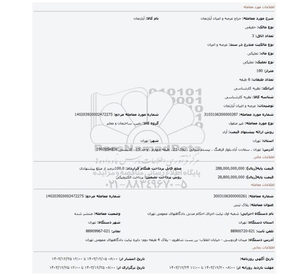 مزایده، عرصه و اعیان آپارتمان