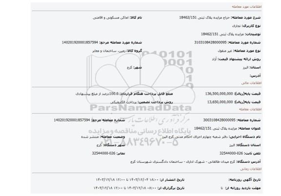 مزایده، مزایده پلاک ثبتی 18462/151