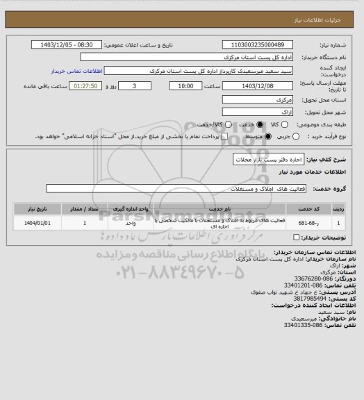 استعلام اجاره دفتر پست بازار محلات