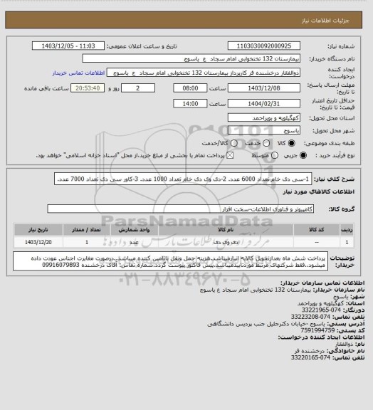 استعلام 1-سی دی خام تعداد 6000 عدد.   2-دی وی دی خام تعداد 1000 عدد.    3-کاور سی دی تعداد 7000 عدد.