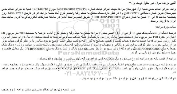 مزایده 68 درصد دانگ از 6 دانگ پلاک ثبتی 33 فرعی از 117 اصلی
