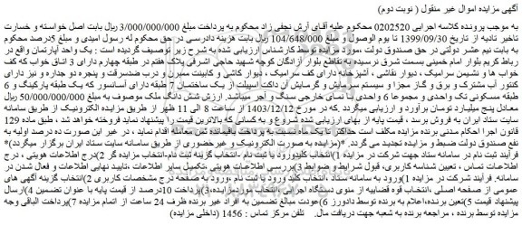 مزایده یک واحد آپارتمان